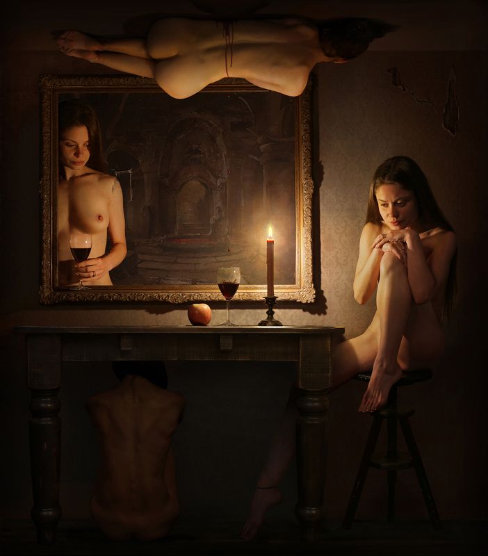Nude, model, surrealism, candle, light Melancholy фото превью