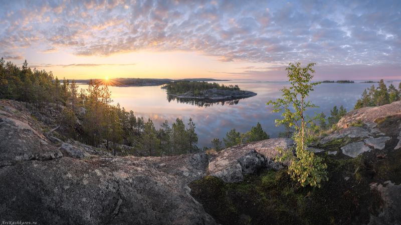 ладожское озеро, шхеры, карелия, острова, восход, панорама \