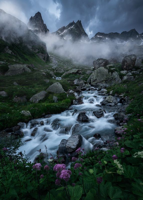 Landscape mountain moody blue hour waterfall river flowers spring Where the Stormbringer Sleeps фото превью