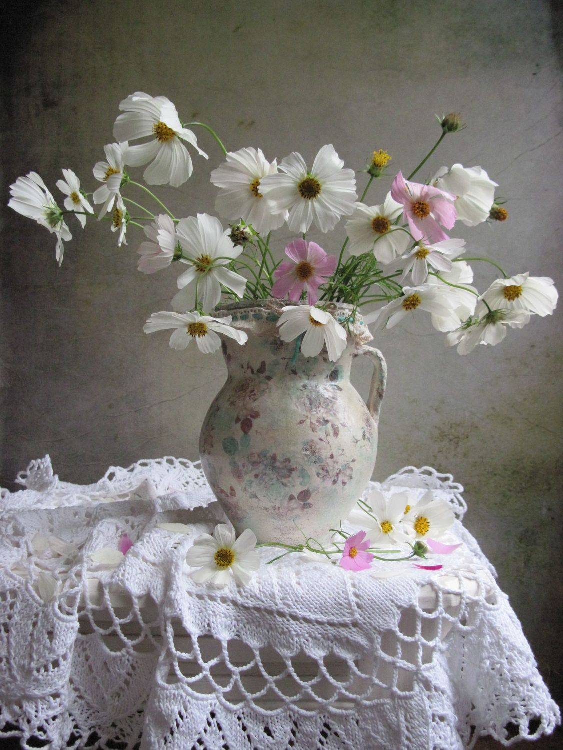 цветы, букет, космея, кувшин, керамика, винтаж, декупаж, скатерть, Наталия Тихомирова