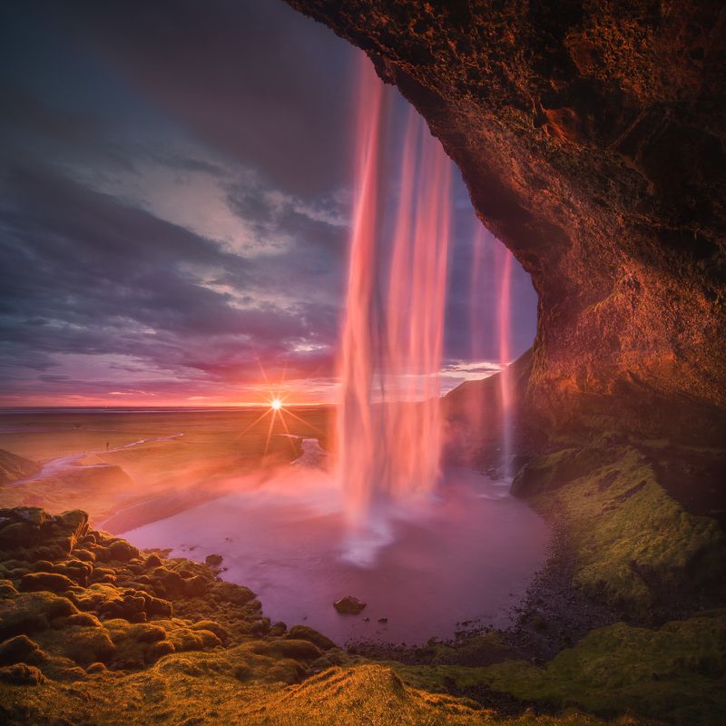 iceland, seljalandsfoss, sunset, waterfall Fiery rain фото превью