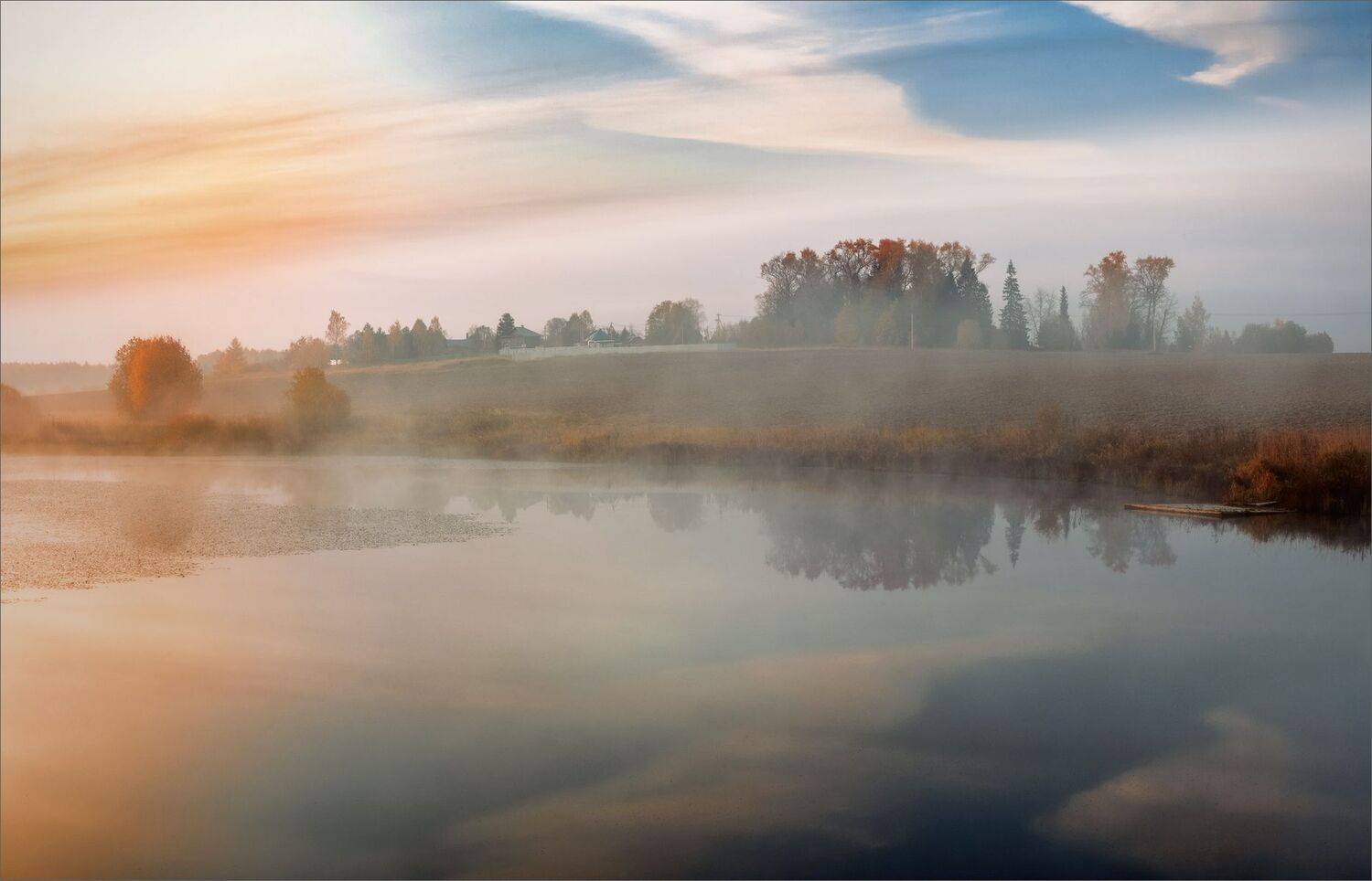 пейзаж, утро, туман, река, отражения, свет, цвет, деревня, осень, александр никитинский., Никитинский Александр