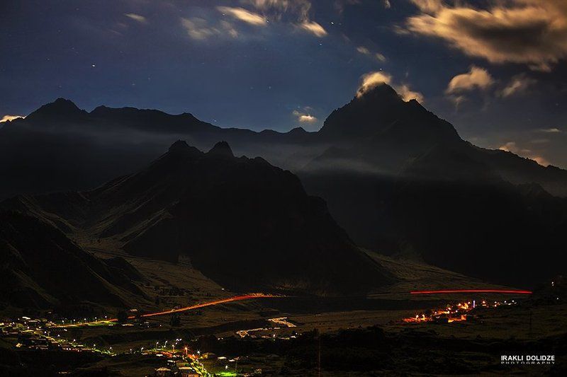 Clouds, Landscape, Lights, Mountain, Night, outdoor, Road Kazbeg, Tkarsheti фото превью