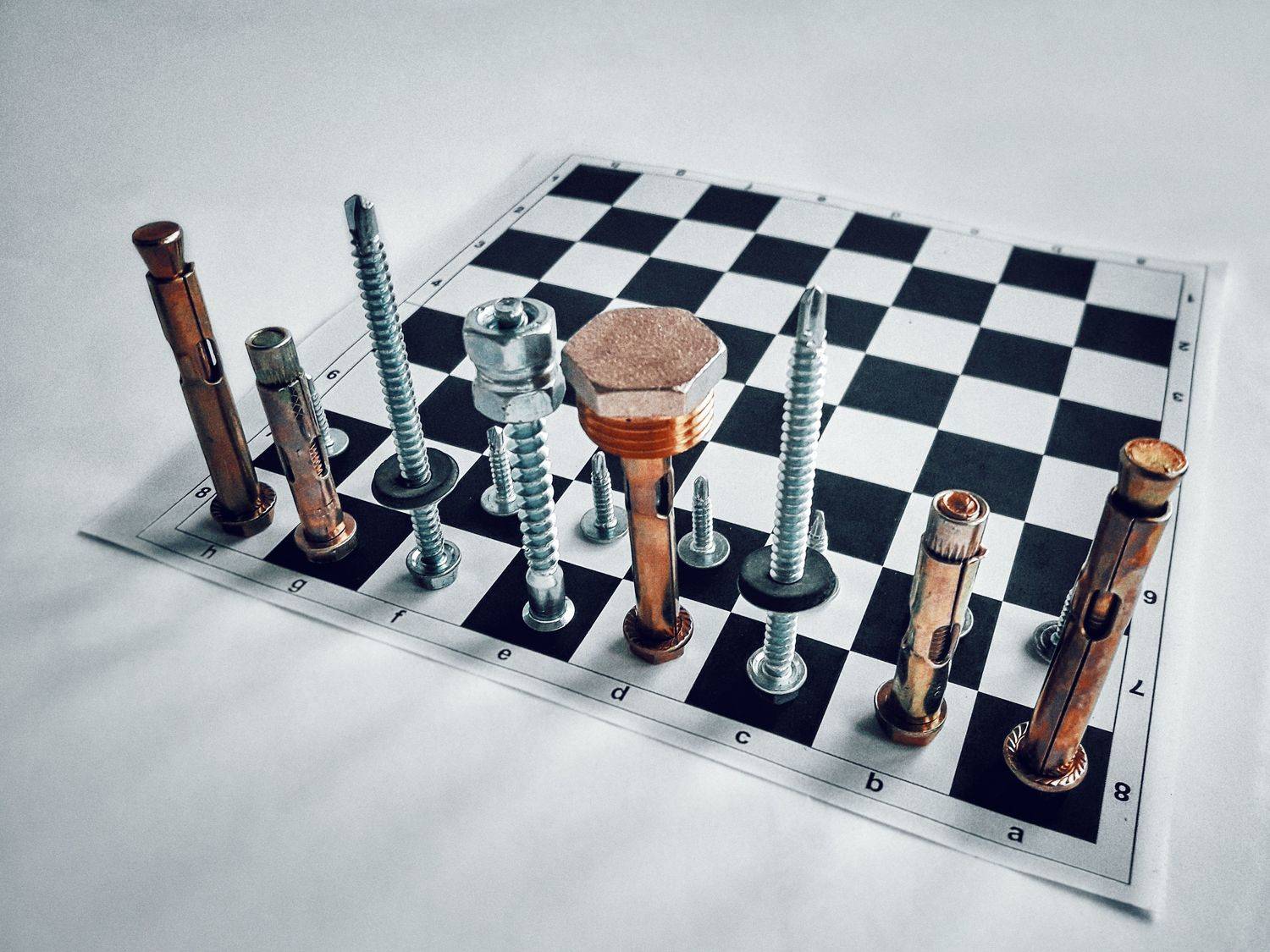 шахматы, болт, гайка, шуруп, черно-белое, Марина