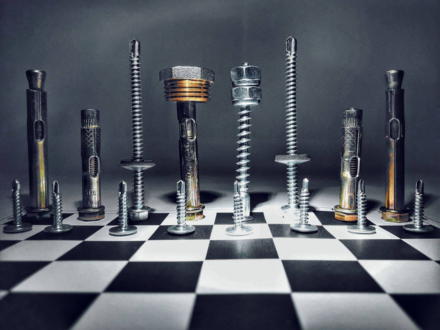 шахматы, болт, гайка, шуруп, черно-белое, Марина
