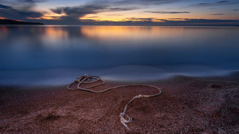 озеро, природа, небо, закат, ночь, вода, песок Ладожское озеро фото превью