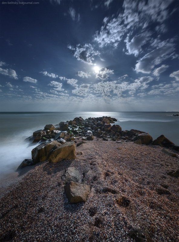 Луна, Море, Ночное небо, Облака, Пейзаж, Полнолуние, Украина Полная луна в Новопетровке фото превью