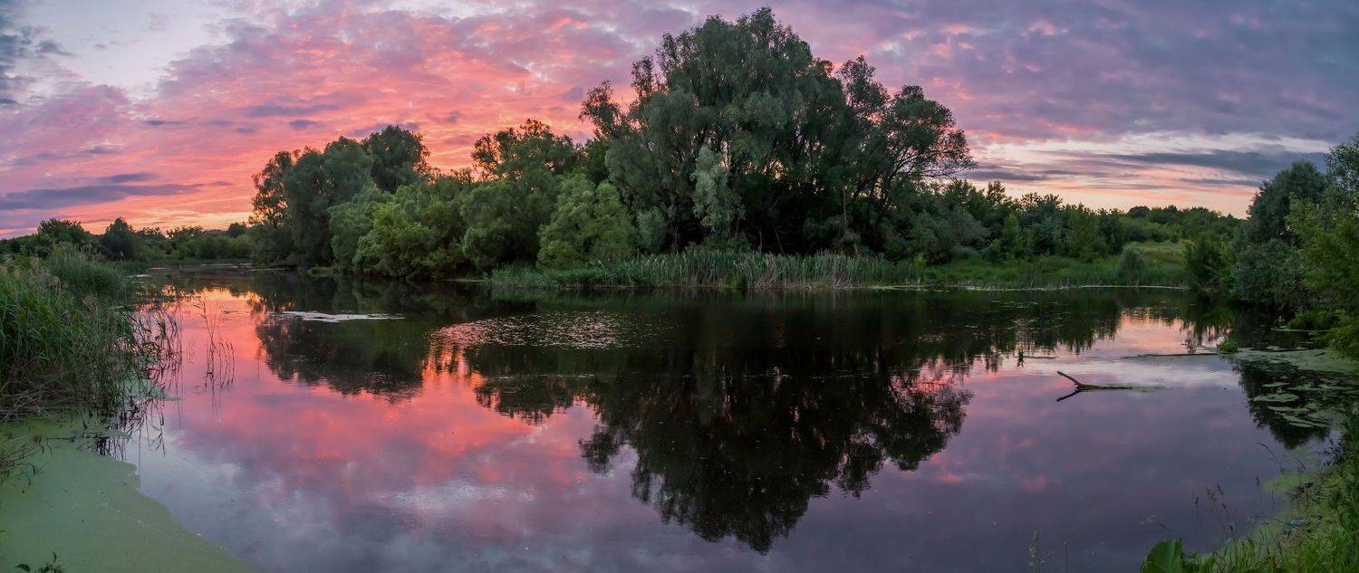 пруд, вечер, закат, сельский пейзаж, панорама, Юрий Морозов