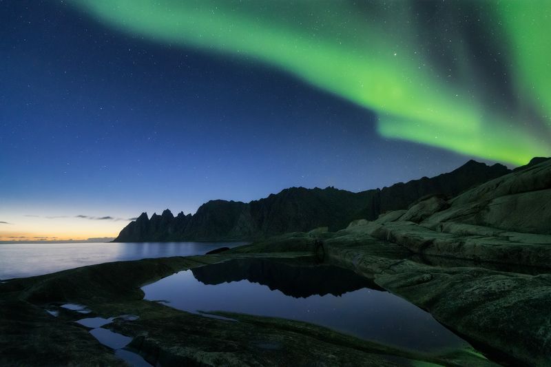 норвегия, лофотен, лофотенские острова, ночь, norway, lofoten, lofoten islands, северное сияние, senja, northern lights, aurora borealis, night  фото превью