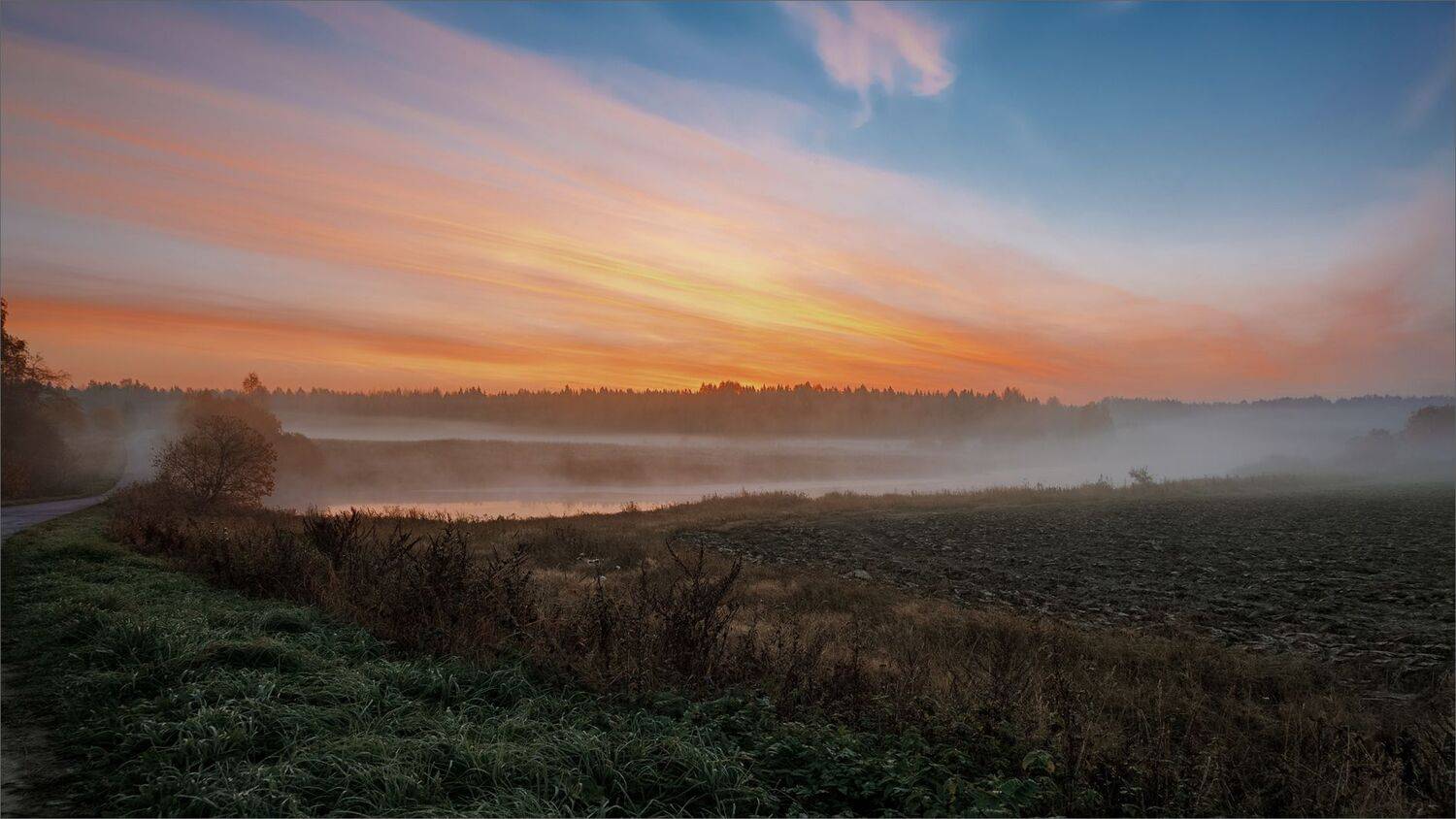 пейзаж, осень, утро, туман, рассвет, поле, небо, свет, цвет, деревня, александр никитинский, Никитинский Александр