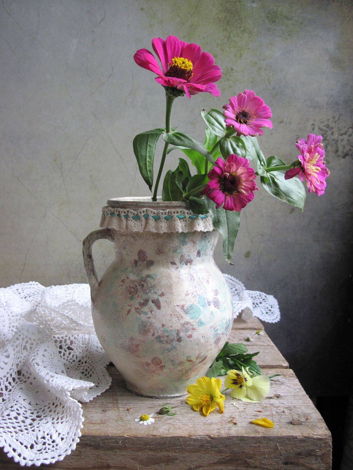 цветы, букет, циннии, кувшин, винтаж, декупаж, салфетка, Наталия Тихомирова