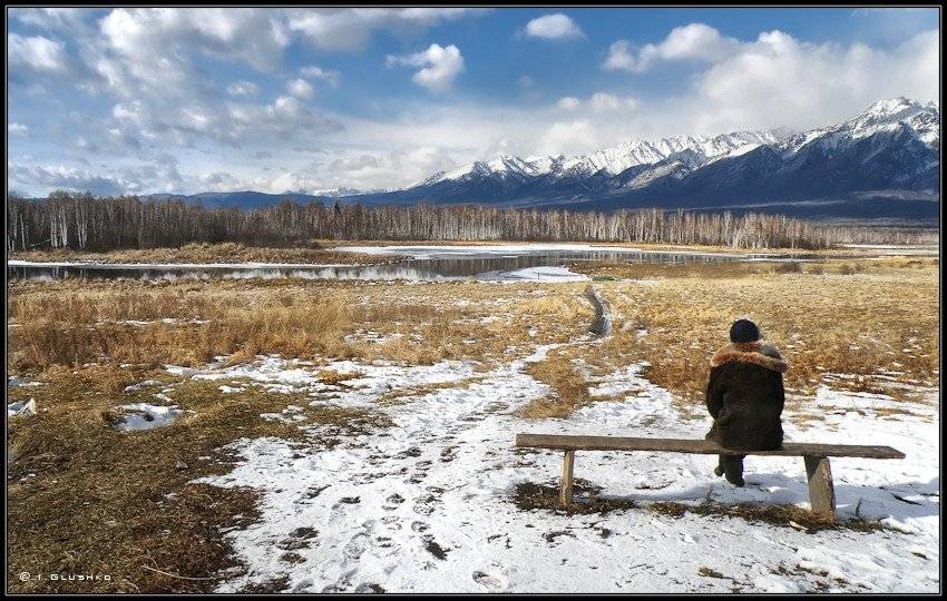 горы, зима, осень, озеро, снег, скамья, Игорь Глушко