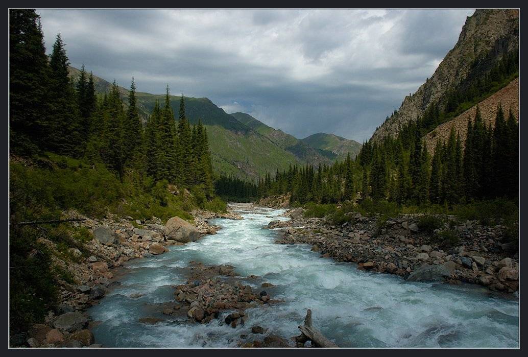 горы,природа,река,скалы,камни,облака,ущелье,лес,трава, Андрей Ухов