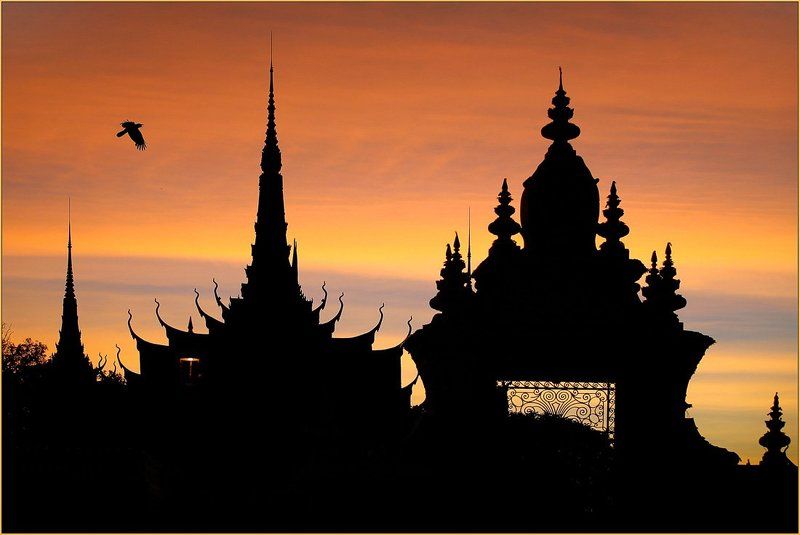 камбоджия, пном, пень, силуэт, королевский, дворец Ночной силуэт фото превью
