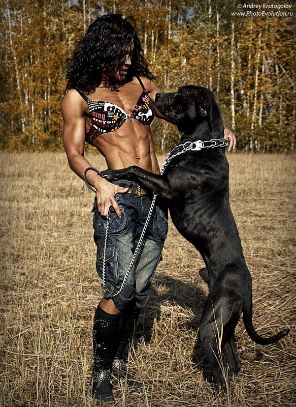 девушка, собака, танец, игра, звери, фитнес, бодибилдинг, спорт, мышцы, пресс, осень, брюнетка, *** фото превью