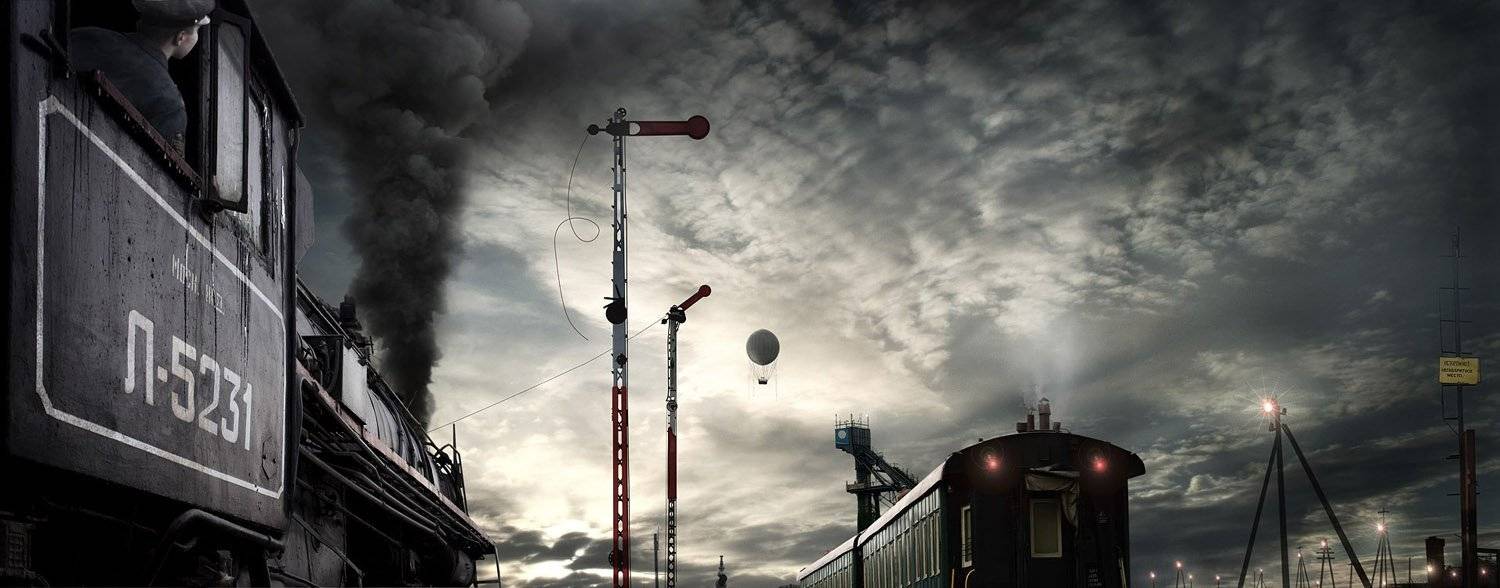 паровоз, вагон, семафор, столб, Boji