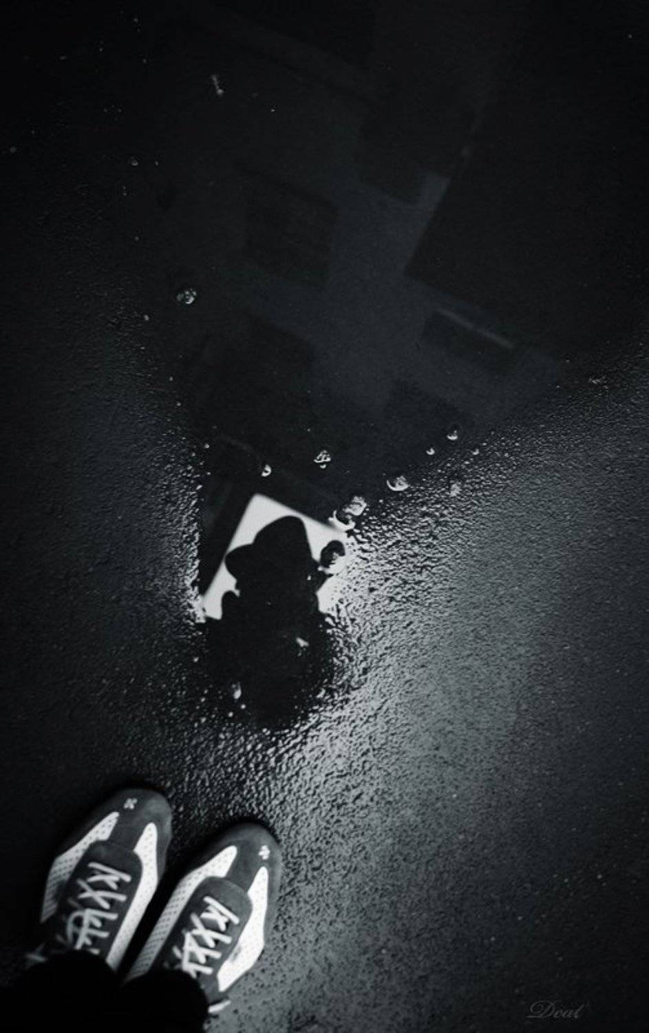 автопортрет, кеды, лужа, небо, дом, шляпа, город, асфальт, Darn Cat