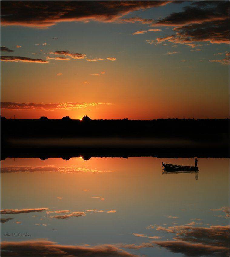 река, ока, лодка, вечер, облака, Виктор Перякин