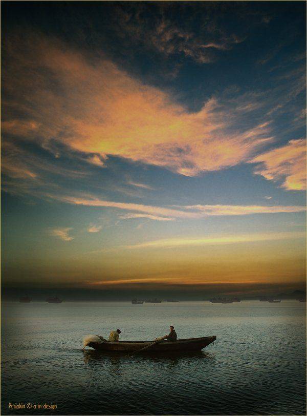 лодка, рыбаки, вечер, байкал, облака, Виктор Перякин