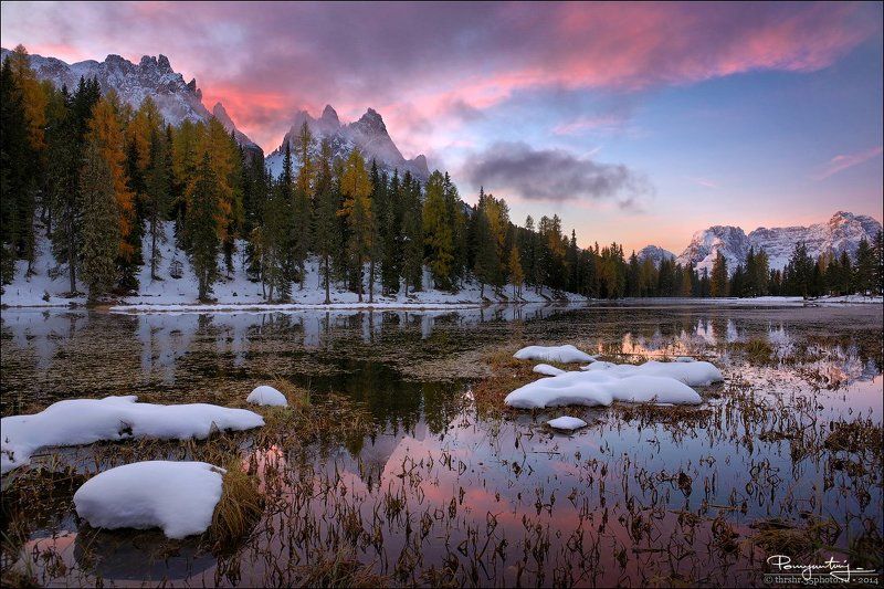 Alps, Antorno, Dolomites, First snow, Italy, Lago, Lake, Sunrise Lake Antorno фото превью
