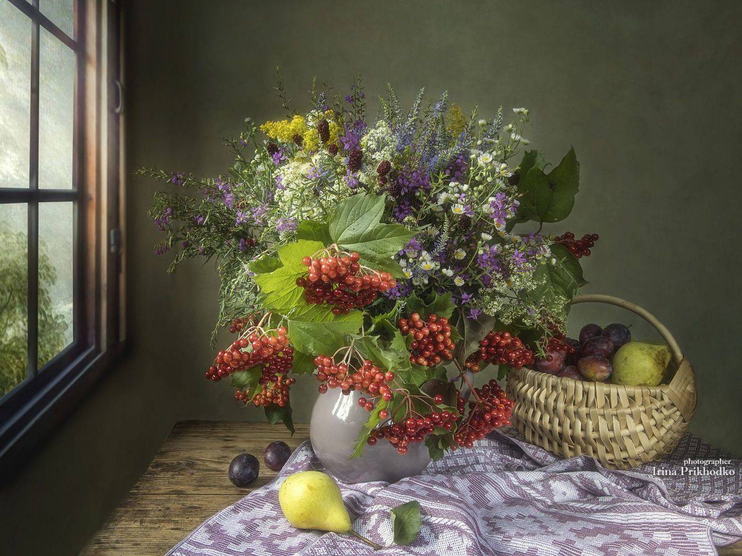 натюрморт, деревенский, букет, фрукты, Приходько Ирина