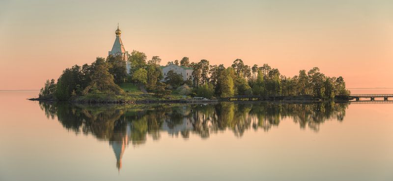 весна, озеро, остров, мост, утро  фото превью