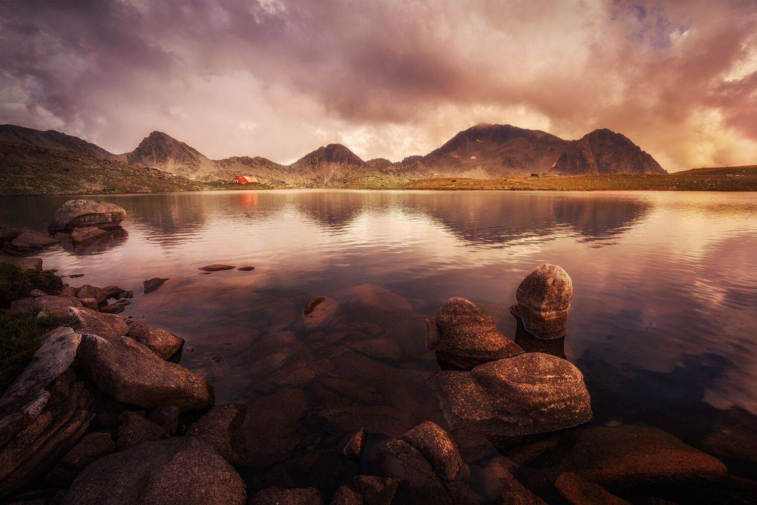 landscape, nature, scenery, lake, light, sunlight, evening, sunset, peak, hut, reflections, view, sky, mountain, pirin, пейзаж, озеро, горы, закат, Александър Александров