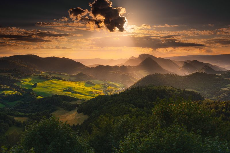 poland, slovakia, pieniny, carpathians, karpaty, sunset, mountains, sunlight, trees, forest, clouds, landscape, mountainscape, plants, sky, warm colors, polska, slovensko, wysoki wierch, trzy korony Fig Leaf фото превью