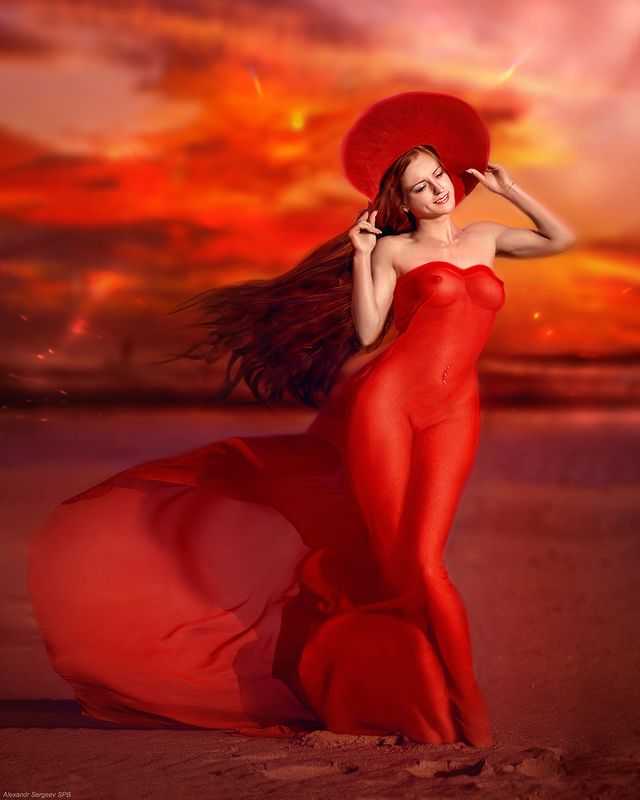 девушка,красный,эротика,арт,арт-ню,закат,экспрессия,настроение Девушка в красном фото превью