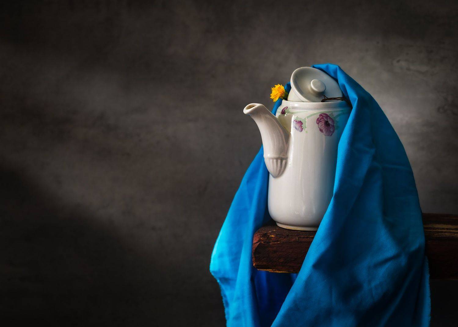 Still Life Staffordshire ceramic teapot yellow flower blue fabric natural light, Вадим Кулинский