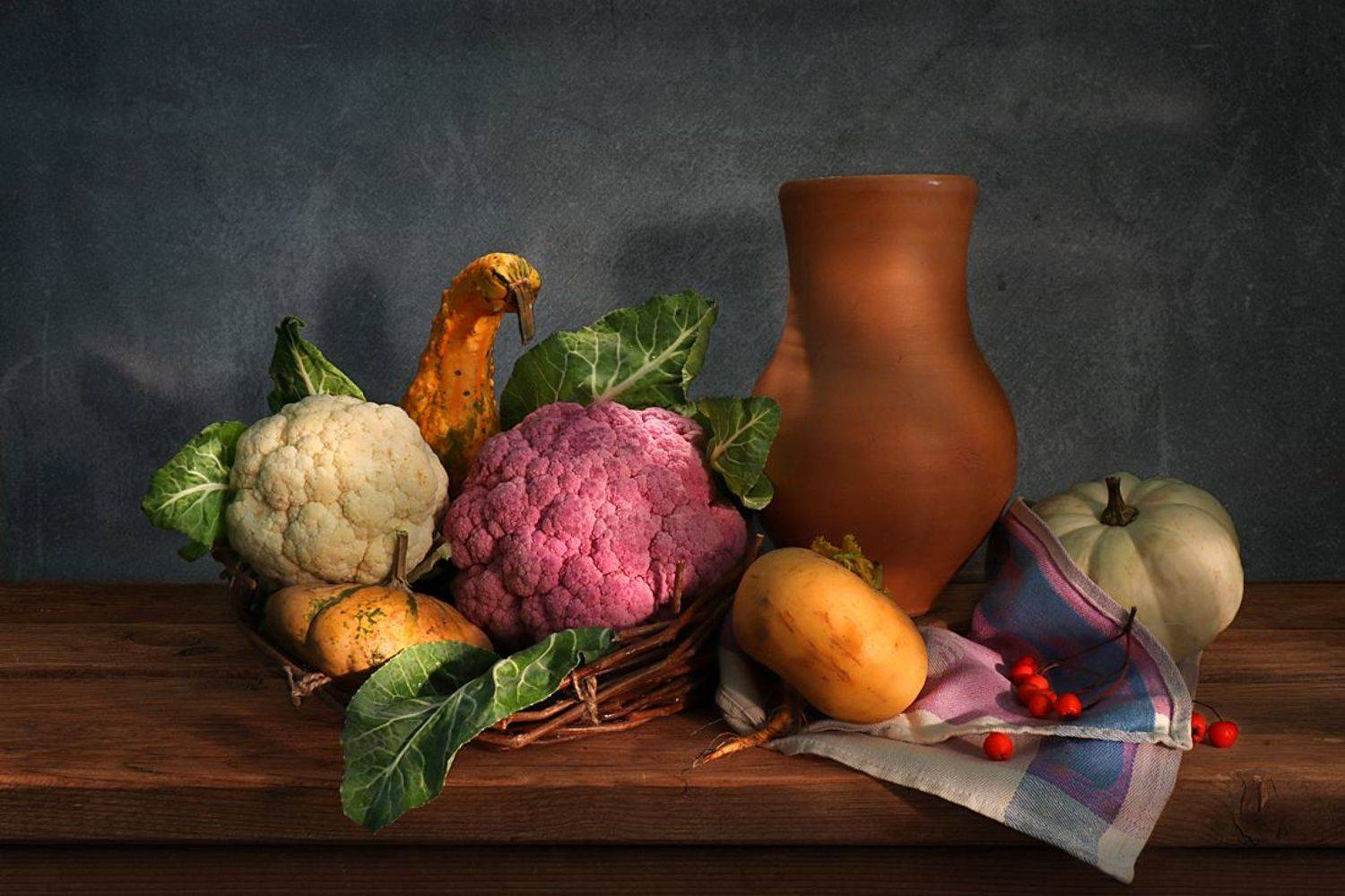 натюрморт,кувшин,тыквы,цветная капуста,корзина,репа,полотенце, Алла Шевченко