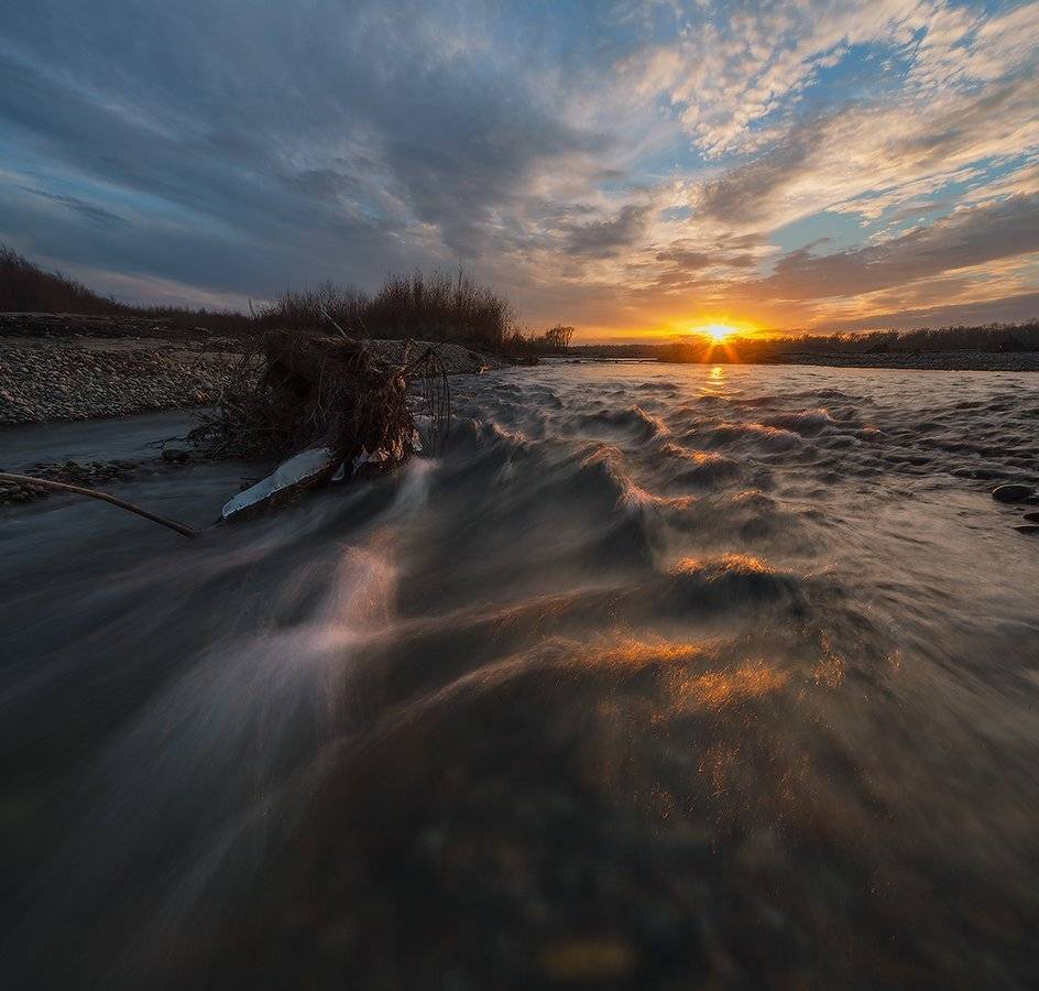 река, лаба, , перекаты, декабрь, закат, Николай Мысливцев