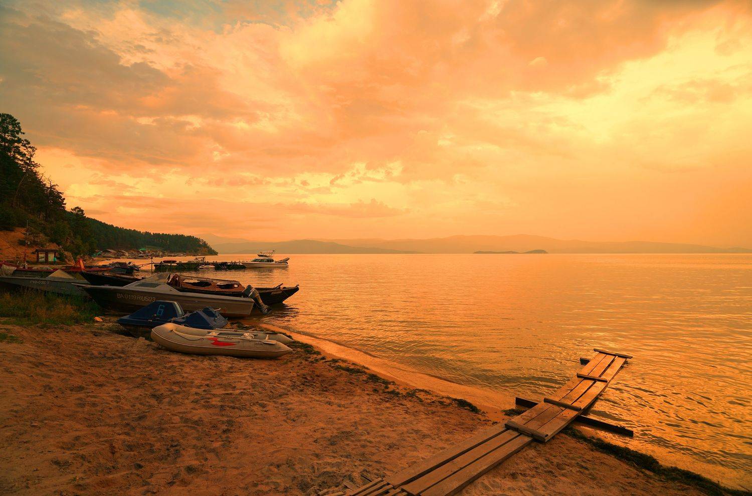bay, evening, sunset, horizon, boat, lake, landscape, nature, Сергей Андреевич