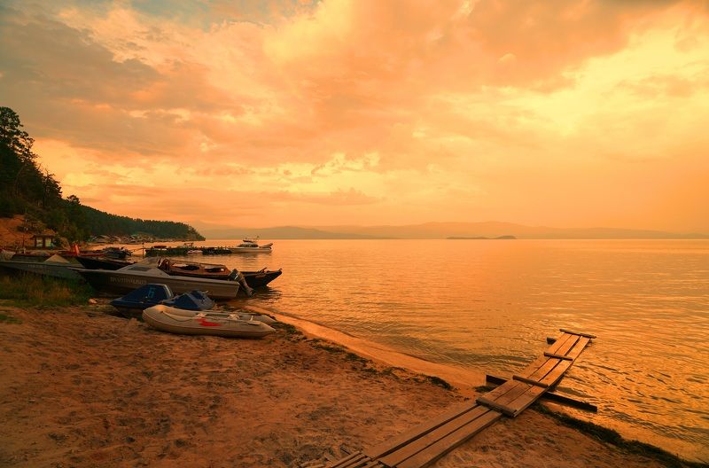 bay, evening, sunset, horizon, boat, lake, landscape, nature Evening фото превью
