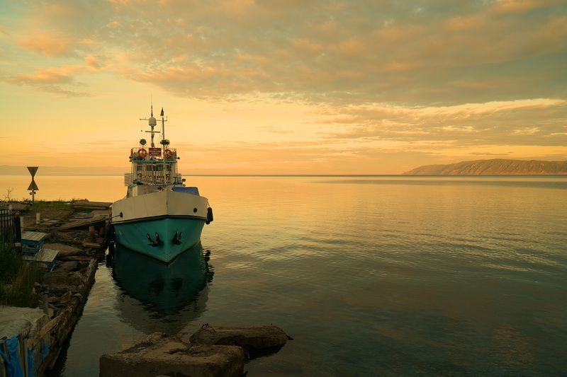 bay, evening, sunset, horizon, boat, lake, landscape, nature Evening фото превью