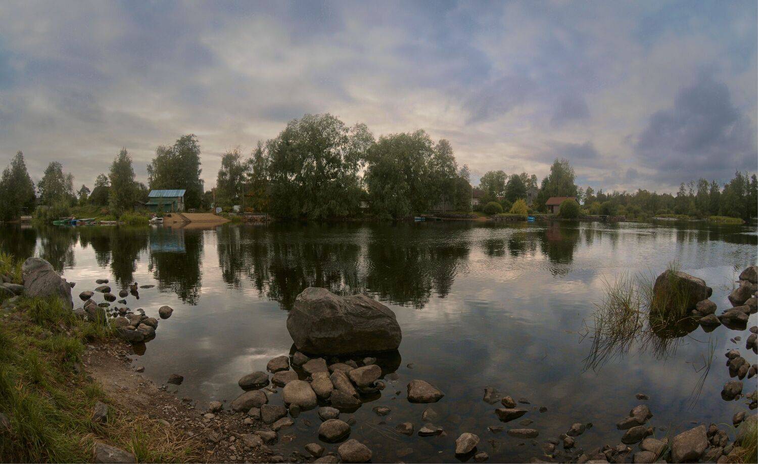 река камни отражения домики лодки, Вера Петри