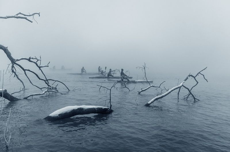 зима, гребцы, водоем, коряга  фото превью