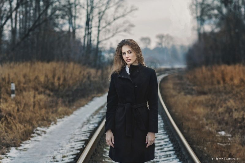 Девушка, Железная дорога, Зима, Лес, Пальто Helen фото превью