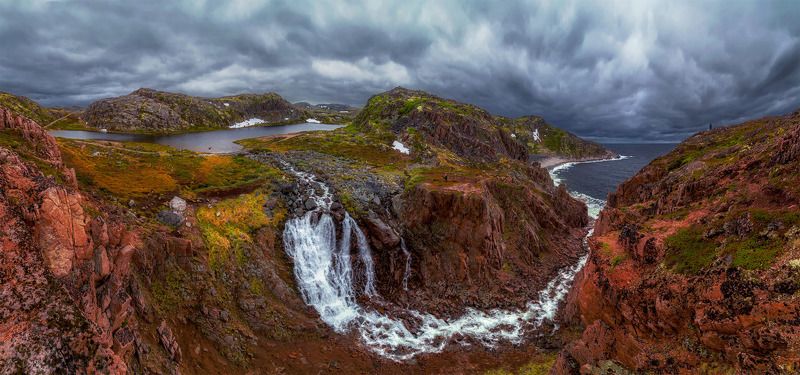баренцево море, водопад, горы, кольский п-ов, море, небо, пейзаж, природа, путешествие, север Север фото превью