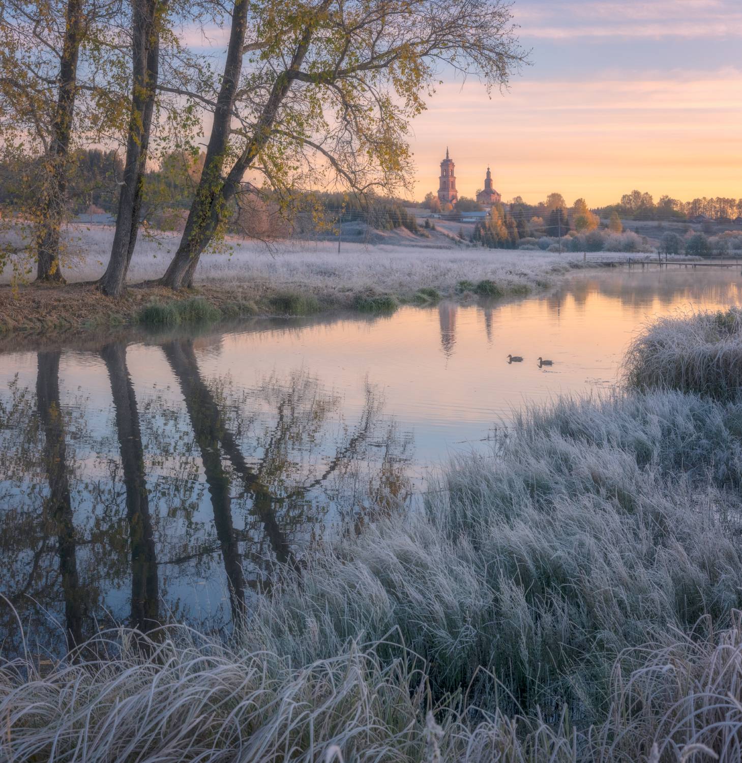 рассвет река туман церковь иней, Сергей Буторин