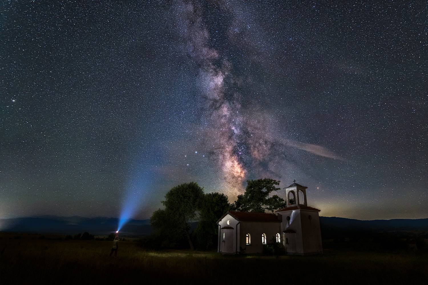 landscape, nature, scenery, night, stars, chapel, tree, cross, milkyway, longexposure, mountain, bulgaria, Александър Александров
