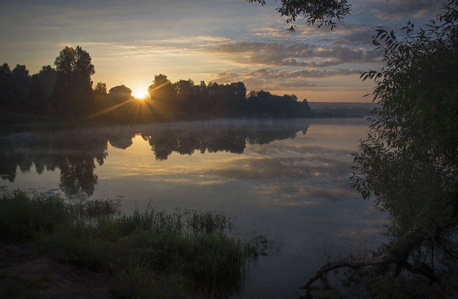 рассвет, дом, солнце, озеро, водоём, утро., Сергей Аникин