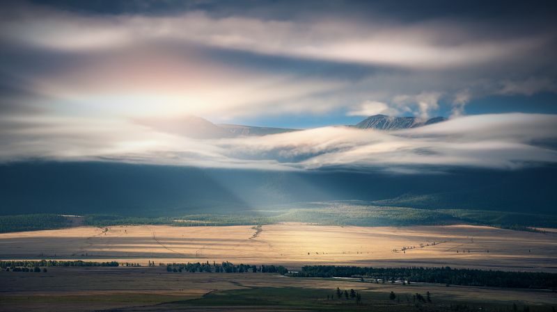 пейзаж, облака, утро, степь, горы, свет, небо, природа, низкие, рассвет, лучи, алтай, курай, рельеф, панорама Курай фото превью