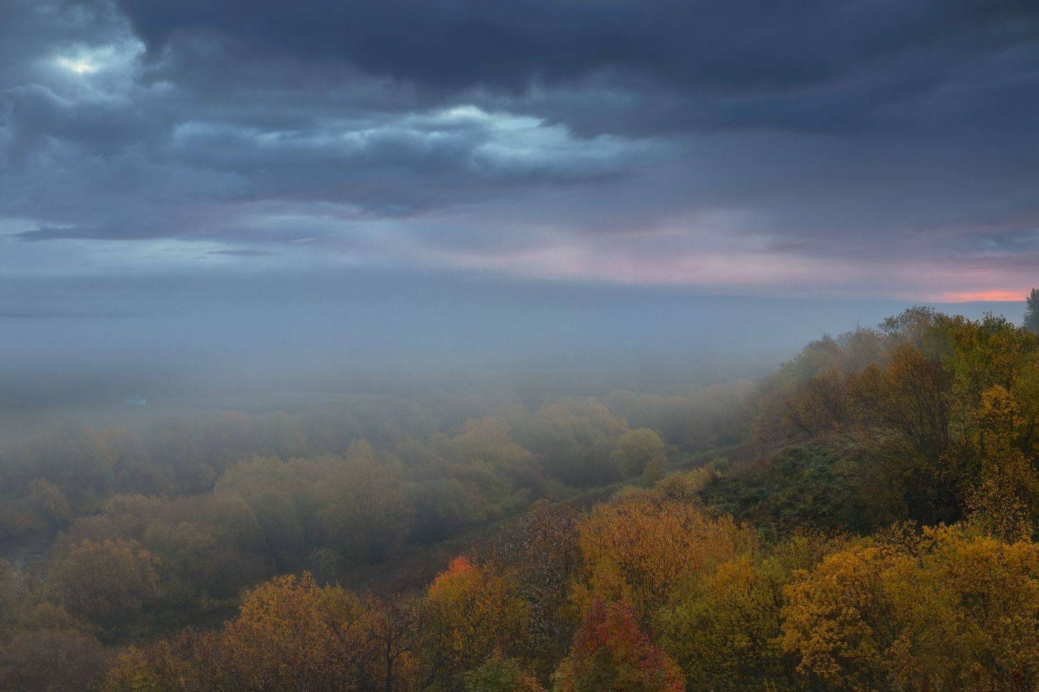 природа, осень, утро, туман, деревья, листва, тучи, рассвет, Титов Александр
