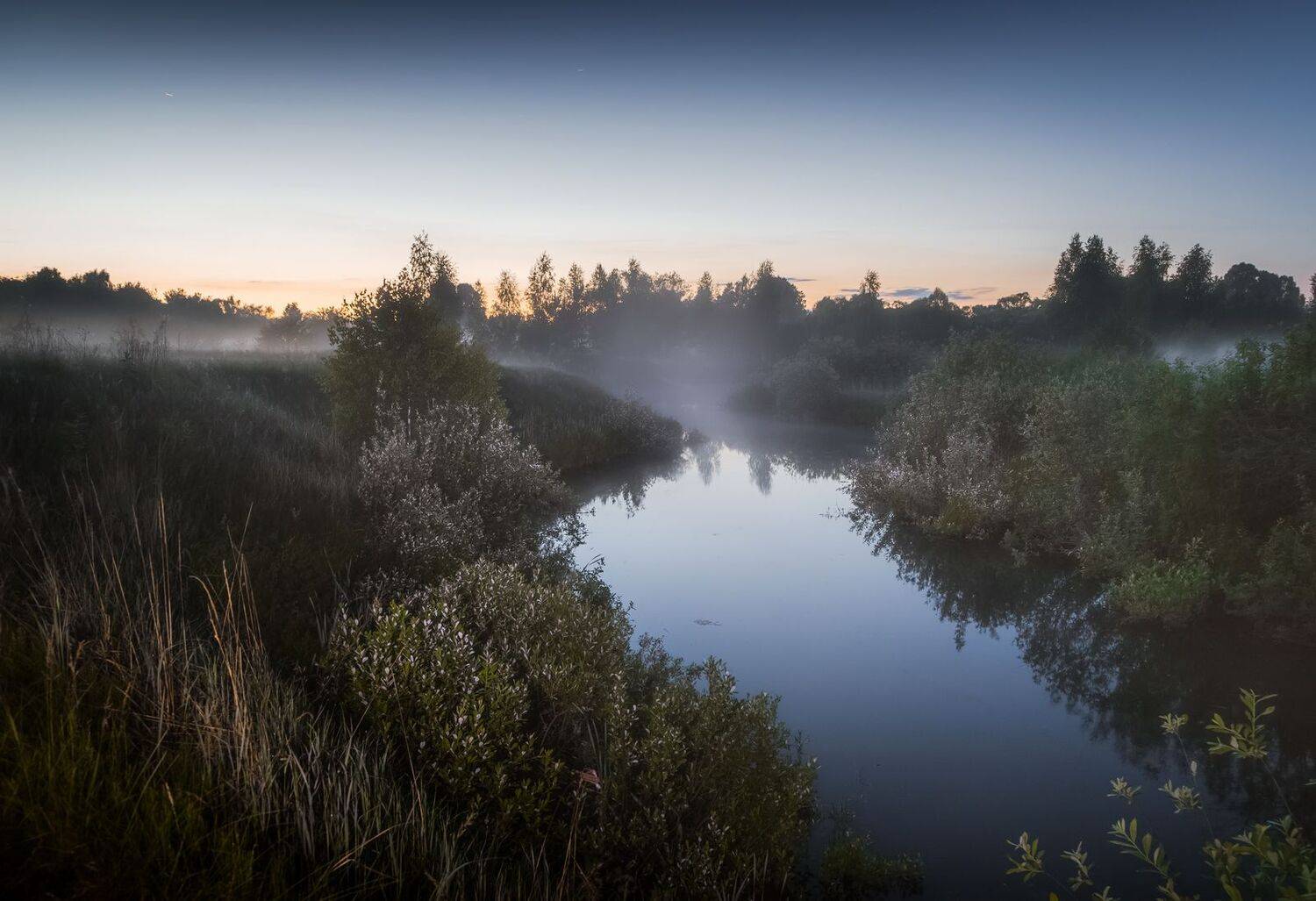 ночь, туман, река, пейзаж, Юрий Морозов