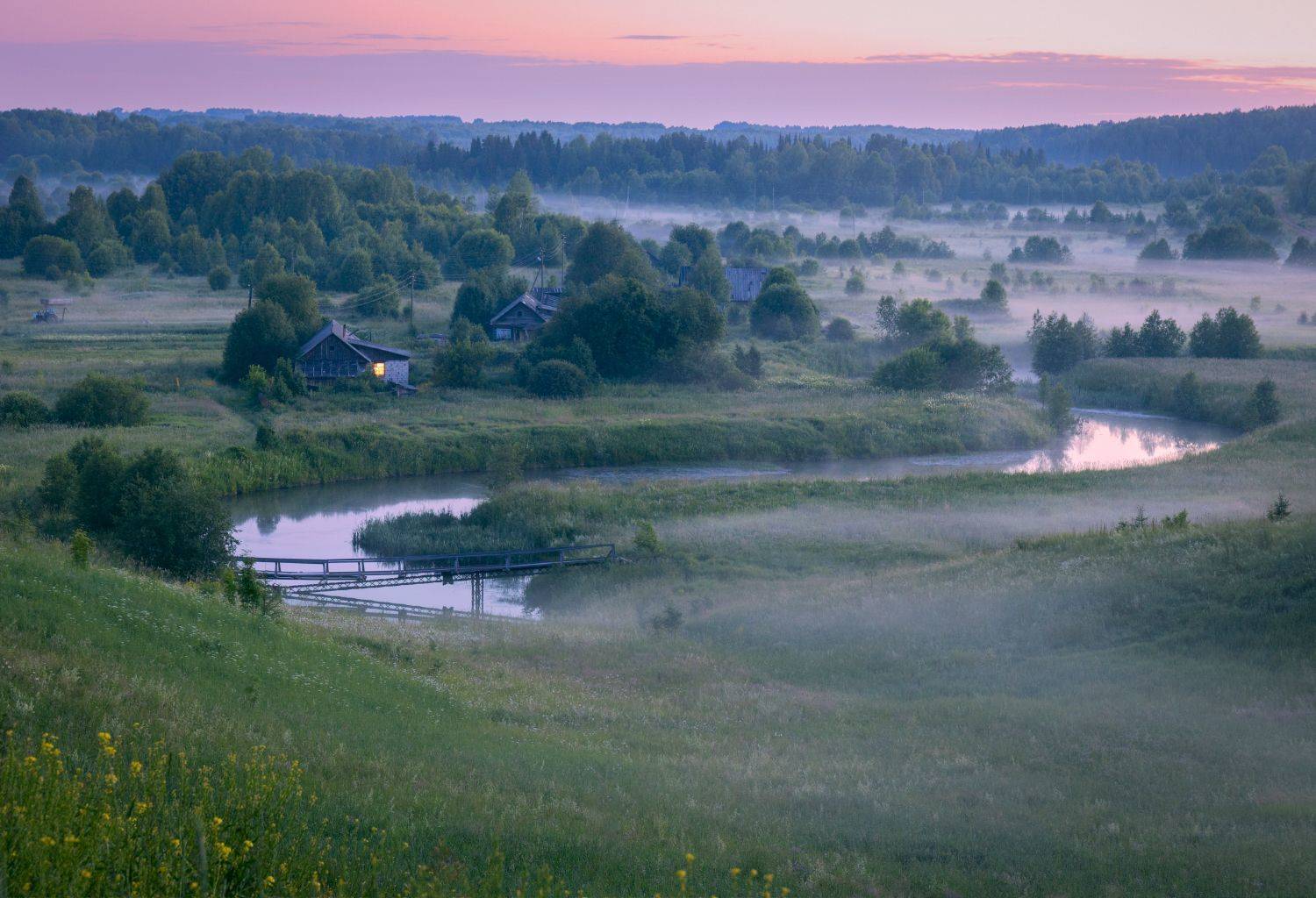 вечер закат деревня свет туман, Сергей Буторин