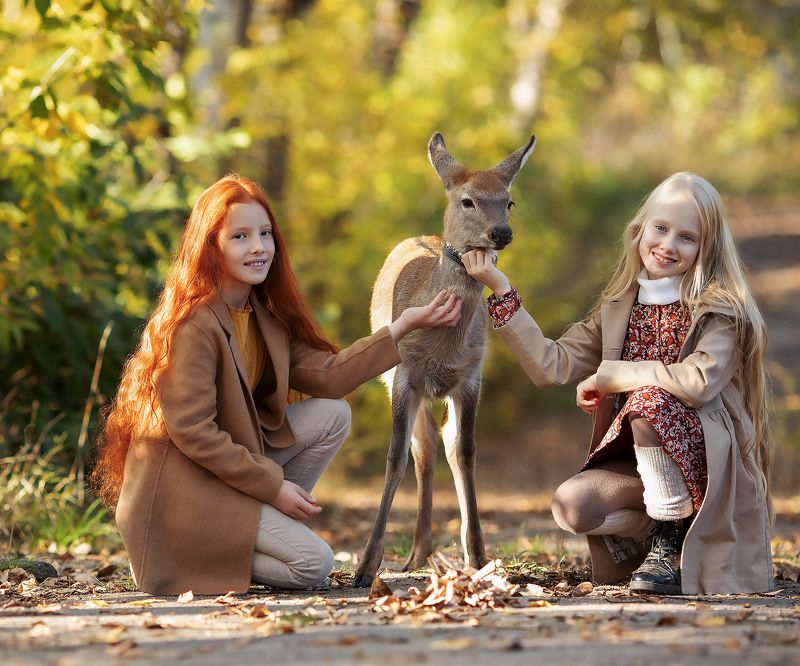 девочки,олененок,прогулка,осень,эмоции, girls, fawn, autumn, emotional, nature Волшебная прогулка фото превью