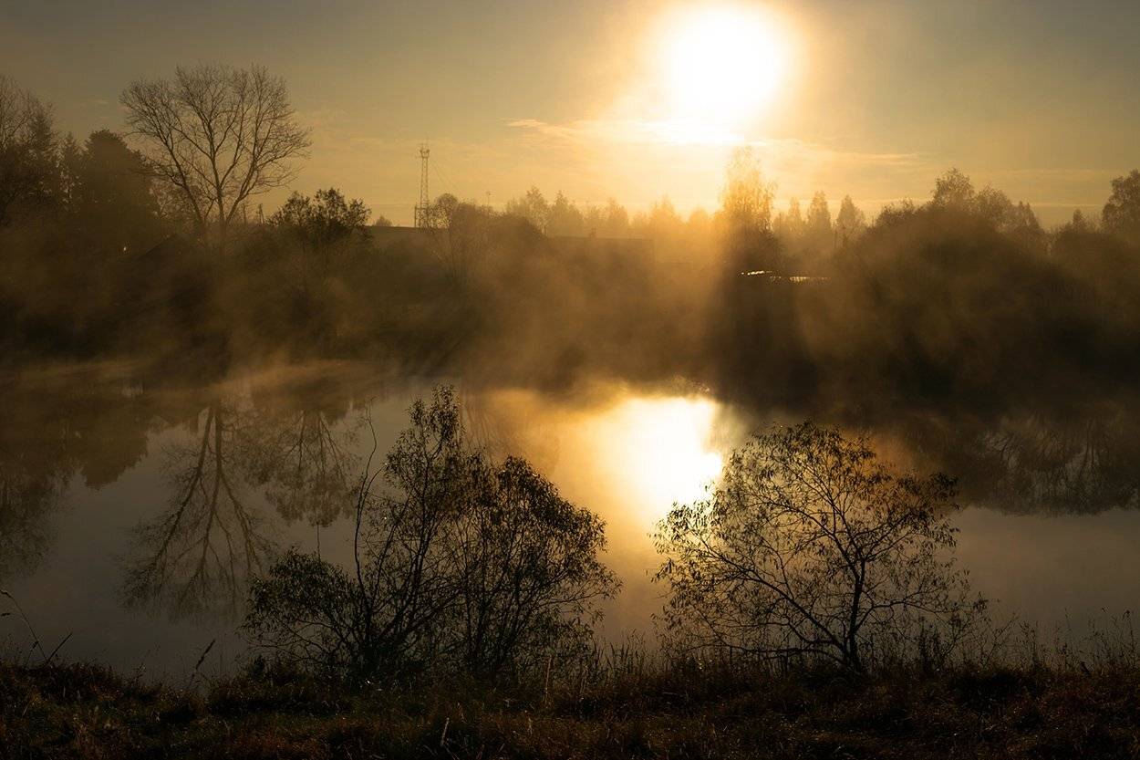 деревня, озеро, осень, туман, утро, Анна Кудрявцева