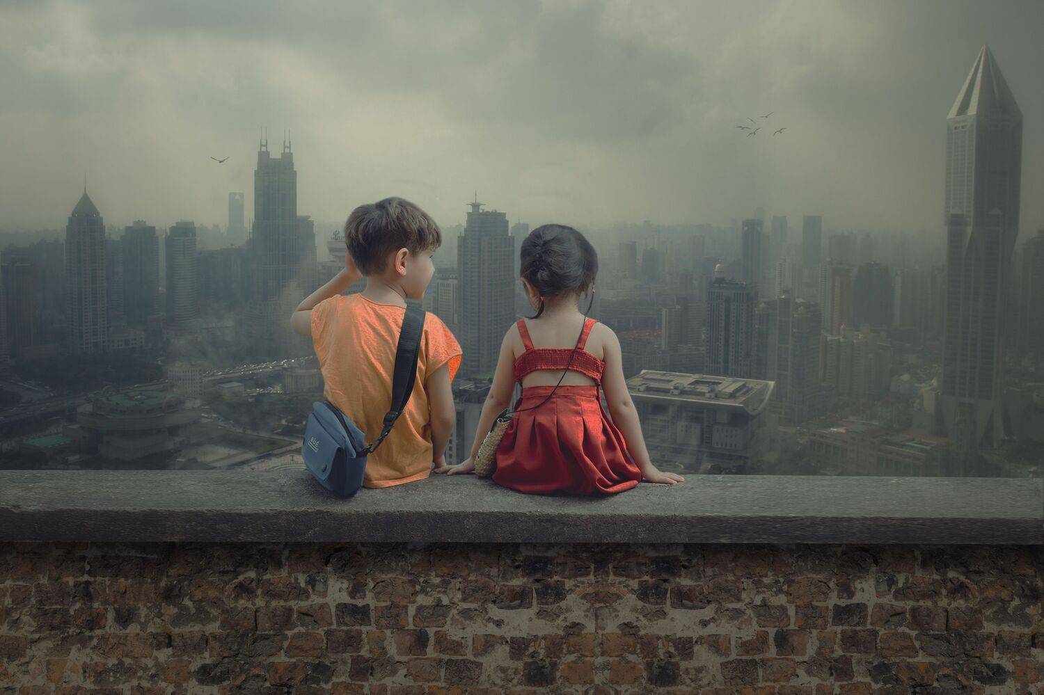 дети, облака, город, Sergii Vidov