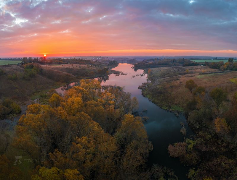 Белгородская область, осень, осенний, рассвет, облака, заря, облачно, акварель, холм, розовый, золотой, оранжевый, пруд, водоём, Псёл, ива, деревья, на берегу,  Тихое золото утра фото превью